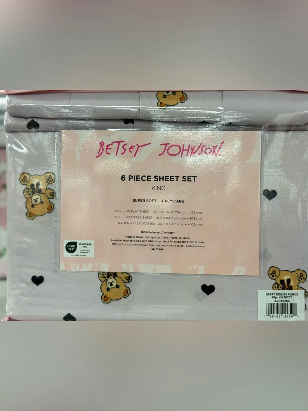 Betsey Johnson Pink and Black Teddy Bear Heart King Sheet Set